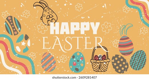Happy Easter сolorful banner. Black basket with easter eggs with congratulations inscription, bunny ears on yellow background. Pencil hand drawn, not AI vector illustration with faded paper effect 