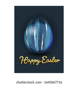 Happy easter banner with blue egg. Traditional spring holiday symbol. Greeting card template with beautiful egg painted with paint brush strokes. Christian celebration event vector illustration.