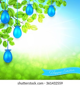 Happy Easter banner with blue eggs and spring background. Elegant vector illustration with a congratulation. Vector spring day background with sunshine.