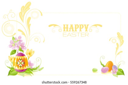 Happy Easter banner border. Spring landscape - yellow egg, crocus flower, grass, cherry blossom. Springtime nature. Template vector illustration background. Flat greeting card. Text lettering