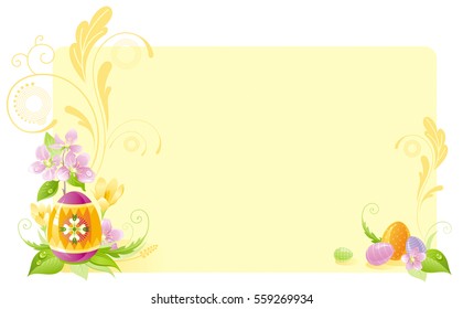 Happy Easter banner border. Spring landscape - yellow egg, crocus flower, leaf, cherry blossom. Springtime nature. Horizontal vector illustration background. Flat greeting card. 