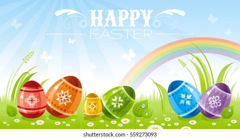 Happy Easter banner border. Spring landscape - sky background, egg, grass, leaves, rainbow. Springtime nature. Horizontal vector illustration. Flat greeting card. Text lettering