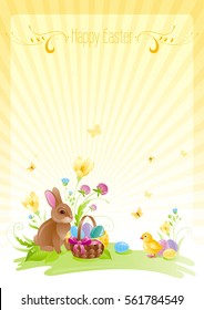 Happy Easter banner border. Spring landscape bunny rabbit, chicken, egg, crocus flower, grass, basket, butterfly. Springtime nature. Text lettering. Vector illustration background. Greeting card