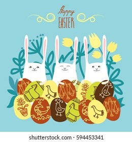 Happy Easter  banner border. Spring   rabbits, colored egg,   
 flower, grass.   Vector illustration background. Greeting card.