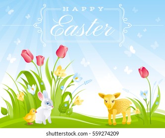 Happy Easter banner border. Sunny day spring landscape bunny rabbit, chicken, lamb, crocus flower, tulip. Springtime nature. Vector illustration background. Flat greeting card. Text lettering