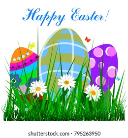 Happy Easter Banner with Bright Painted Eggs in Grass. Floral Spring Background in Flat Design. Vector Illustration