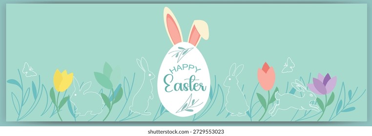 Happy Easter Banner with Bunnies, Egg, and Spring Tulips