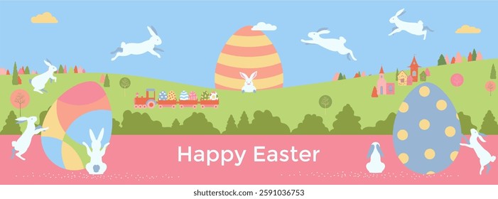 Happy Easter banner, bunnies, eggs, Easter greetings. Easter poster with handmade eggs, funny bunnies and a steam train. Horizontal poster, greeting card, festive website design