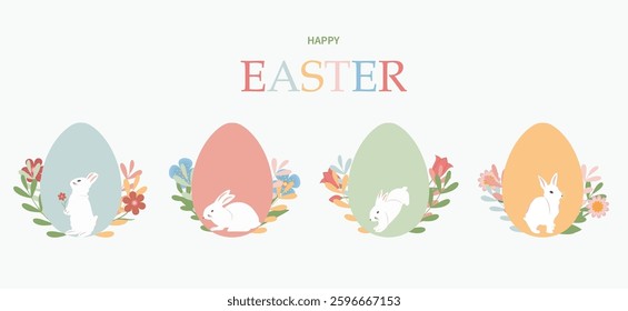 Happy Easter banner. Bunnies, eggs and flowers in pastel colors. Modern style vector  design.