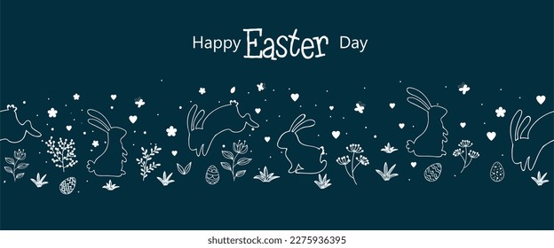 Happy easter banner bunnies flowers handdrawn sketch.