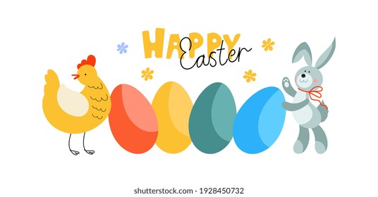 Happy easter banner with bunny and chicken Vector illustration.