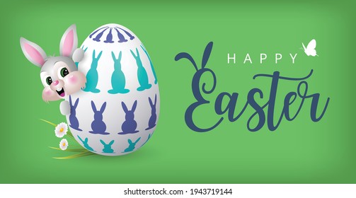 Happy Easter Banner with Bunny and Colourful Painted Egg. Vector