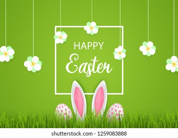 Happy Easter. Banner with Easter bunny ears and flowers. Vector