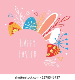 Cartel feliz de Pascua con orejas conejitas, huevos, flores dibujadas a mano y ramas en fondo rosa