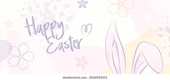 Banner de Pascua Feliz con Orejas de Conejo. Diseño de plantilla de tarjeta floral de primavera con conejo y fondo colorido abstracto. Decoración tradicional de Pascua.