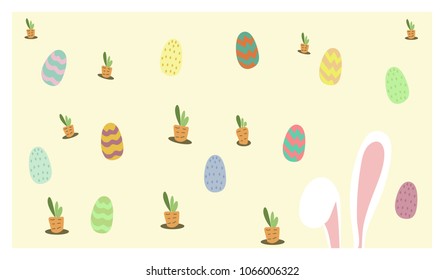 Happy Easter. banner with bunny with egg easter and carrot.  greetings, vector, on yellow background