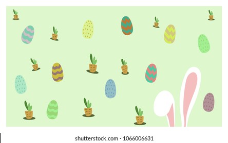 Happy Easter. banner with bunny with egg easter and carrot.  greetings, vector, on green background