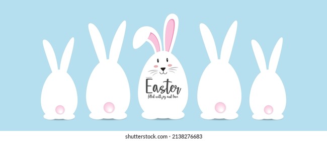 Happy easter banner. easter bunny and egg. Icon vector character, isolated on sky blue color background.