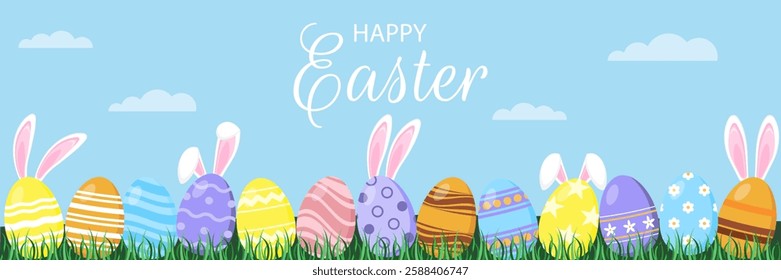 Happy Easter banner with bunny and eggs. Egg hunt poster. Spring background. Vector illustration