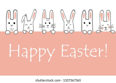 Happy Easter banner with bunny faces and paws. Rabbits border or greeting card. Vector