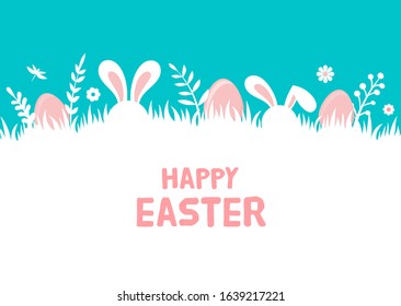 Happy Easter banner with bunny, flowers and eggs. Egg hunt poster. Spring background in modern style