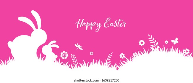 Happy Easter banner with bunny, flowers and eggs. Egg hunt poster. Spring background, vector illustration