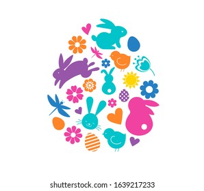 Happy Easter banner with bunny, flowers and eggs. Egg hunt poster. Spring background, vector illustration