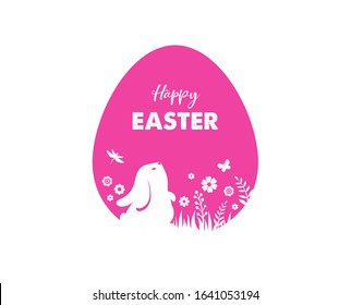 Happy Easter banner with bunny, flowers and eggs. Egg hunt poster. Spring background, vector illustration