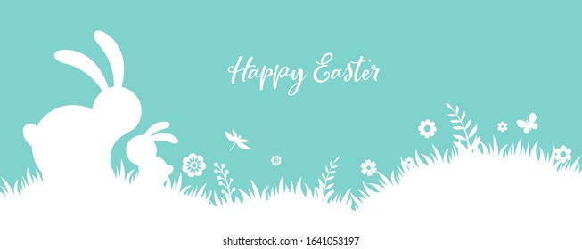 Happy Easter banner with bunny, flowers and eggs. Egg hunt poster. Spring background, vector illustration