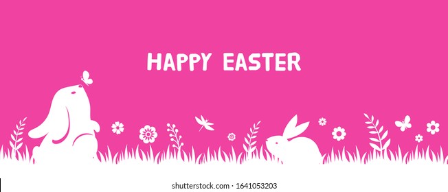 Happy Easter banner with bunny, flowers and eggs. Egg hunt poster. Spring background, vector illustration