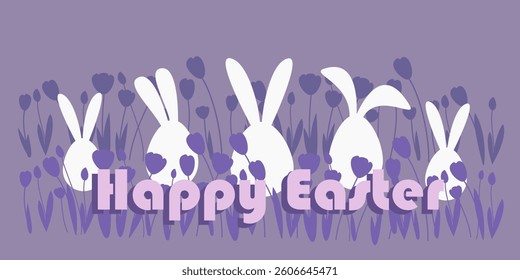 Happy Easter - banner with bunny and greetings. Vector.Easter egg shape with bunny ears.