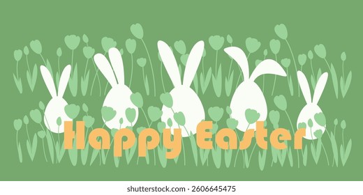 Happy Easter - banner with bunny and greetings. Vector.Easter egg shape with bunny ears.
