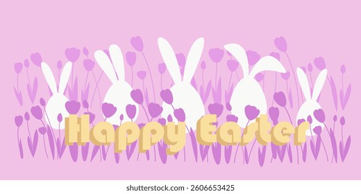 Happy Easter - banner with bunny and greetings. Vector.Easter egg shape with bunny ears.Pink background