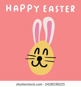 Happy Easter. Banner. Happy bunny. Hand drawn illustration on red background.