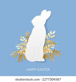Cartel feliz de Pascua con conejito y hierbas.