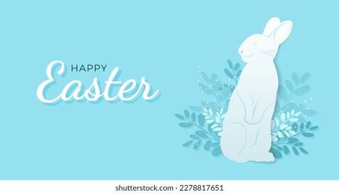 Cartel feliz de Pascua con conejito y hierbas.