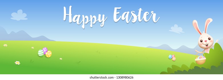 Happy Easter banner - bunny peeking behind bush and hunting eggs - spring landscape background
