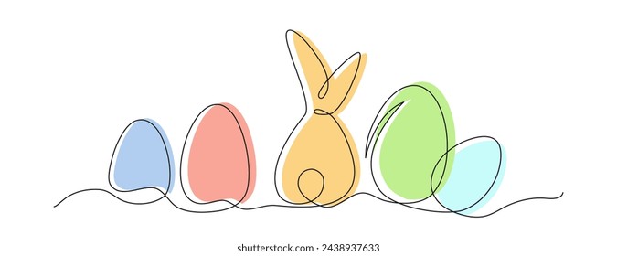 Happy easter banner with easter bunny silhouette and eggs in line art style. Continuous one line vector illustration isolated on white background. Editable stroke. template for greeting card, web bann