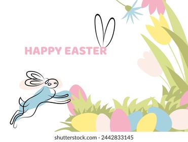 Pancarta de Pascua Feliz con Conejito. Diseño de Pascua de moda en colores pastel. Estilo minimalista moderno. Cartel horizontal, tarjeta de felicitación. Ilustración vectorial.
