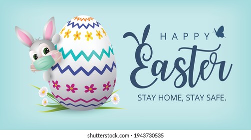 Happy Easter Banner with Bunny wearing face mask and Colourful Painted Egg. Vector