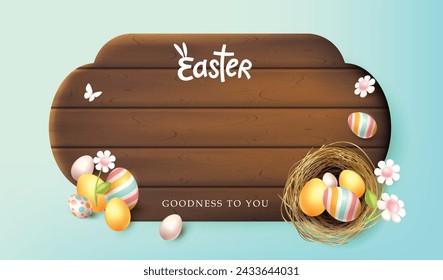 Fondo de tarjeta de banner de Pascua feliz con huevos de Pascua de colores de temporada de primavera diferentes adornos en tablones de madera 