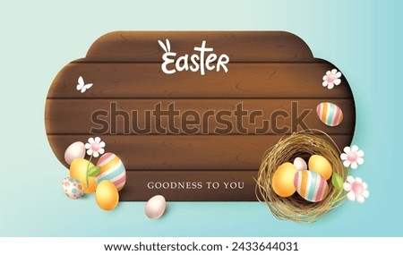 Happy easter banner card background with spring season colored easter eggs different ornaments on wood plank copy space 