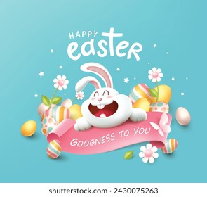 Happy easter banner card with happy bunny spring season colored easter eggs 