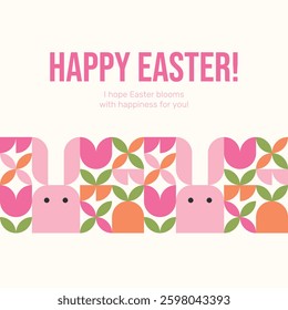 Happy Easter. Banner, card, flyer template with greeting text and geometric pattern with cute Easter bunnies, eggs and spring flower.