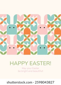 Happy Easter. Banner, card, flyer template with greeting text and geometric pattern with cute Easter bunnies, eggs and spring flower.