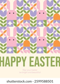 Happy Easter. Banner, card, flyer template with greeting text and geometric pattern with cute Easter bunnies and spring flowers tulips.
