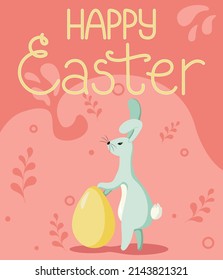 Frohe Ostern, Banner. Osterkarte: Kaninchen, Ostereier und Blumen.