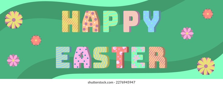 Happy Easter banner with cartoon stylized letters on green background of waves and flowers in doodle style. Template for simple design to congratulate, greeting card, poster, greeting card, flyer. 