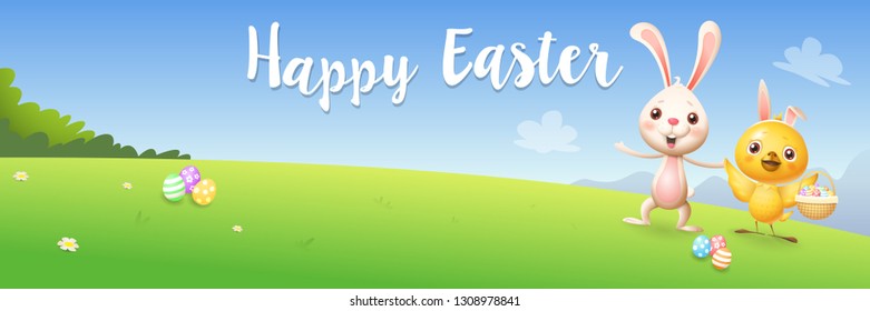 Happy Easter banner - chicken and bunny hunting eggs - spring landscape background vector illustration
