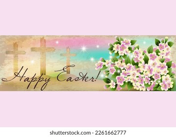 Happy Easter banner. Christian cross with flowers. vector illustration